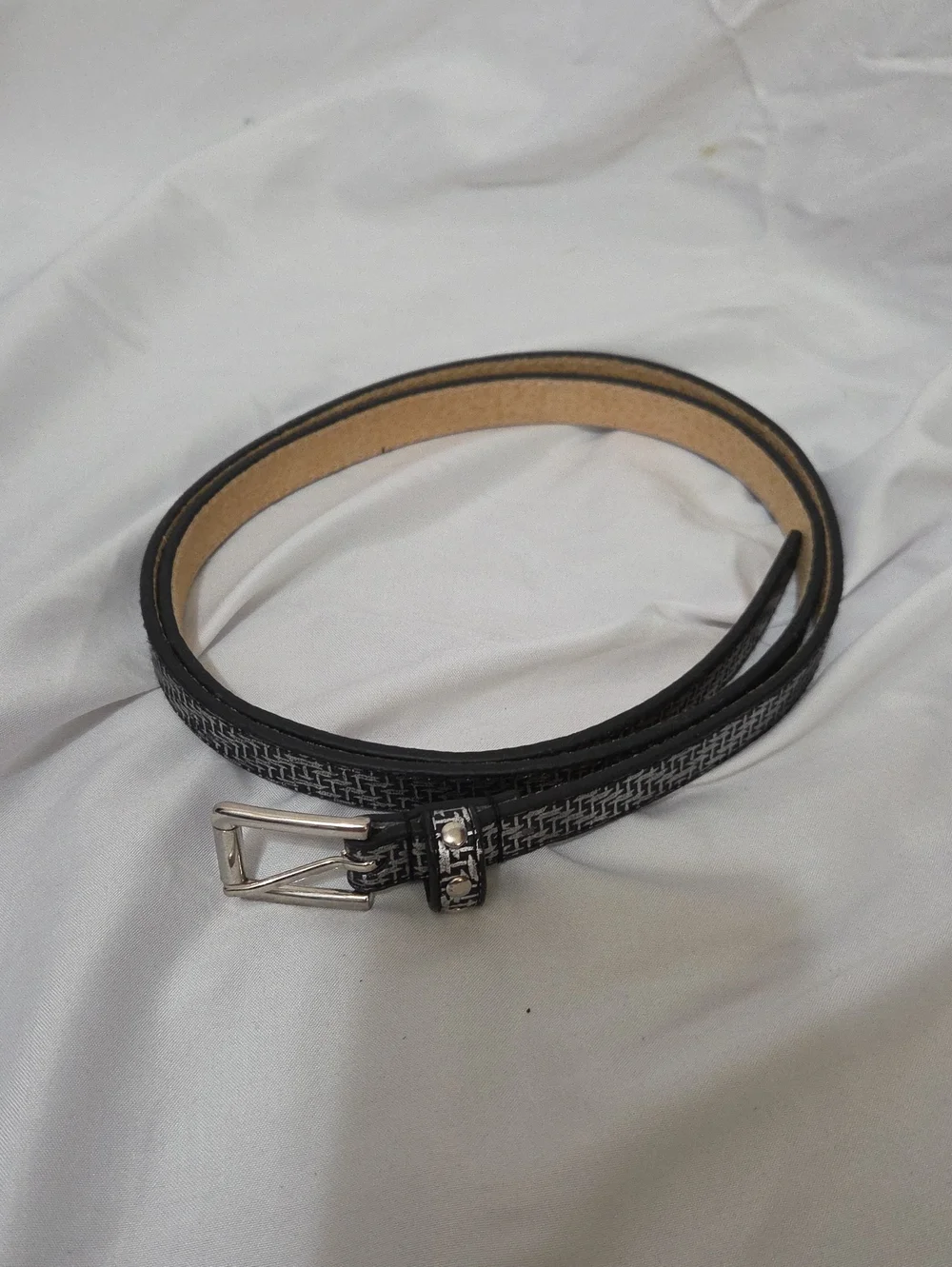 Black w/Silver Woven Details Narrow Belt, Silvertone Buckle, 32-36 inch waist
